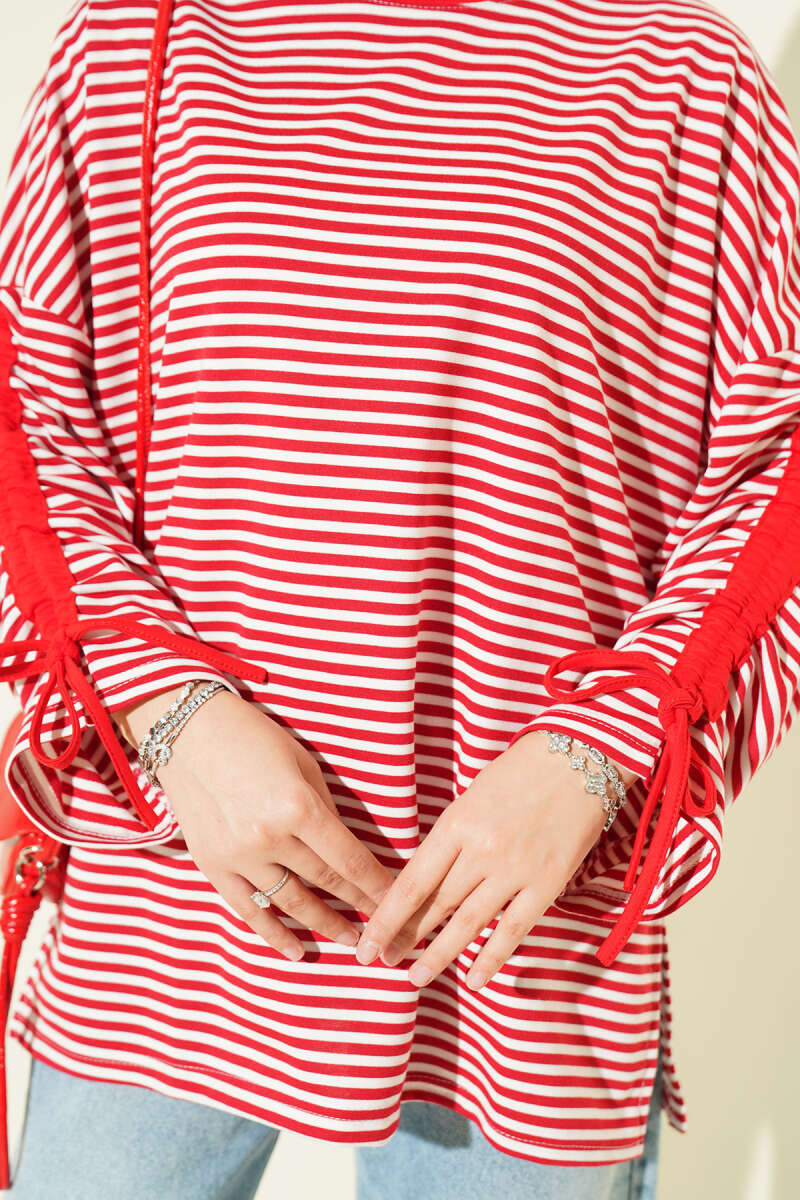 Striped Long-Sleeve Tunic with Gathered Sleeve Cuffs Red - immagine 4