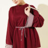 Striped French terry tunic with cuffed sleeves and drawstring hem Burgundy