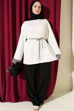 Alternative view of Striped French terry tunic with cuffed sleeves and drawstring hem Ecru