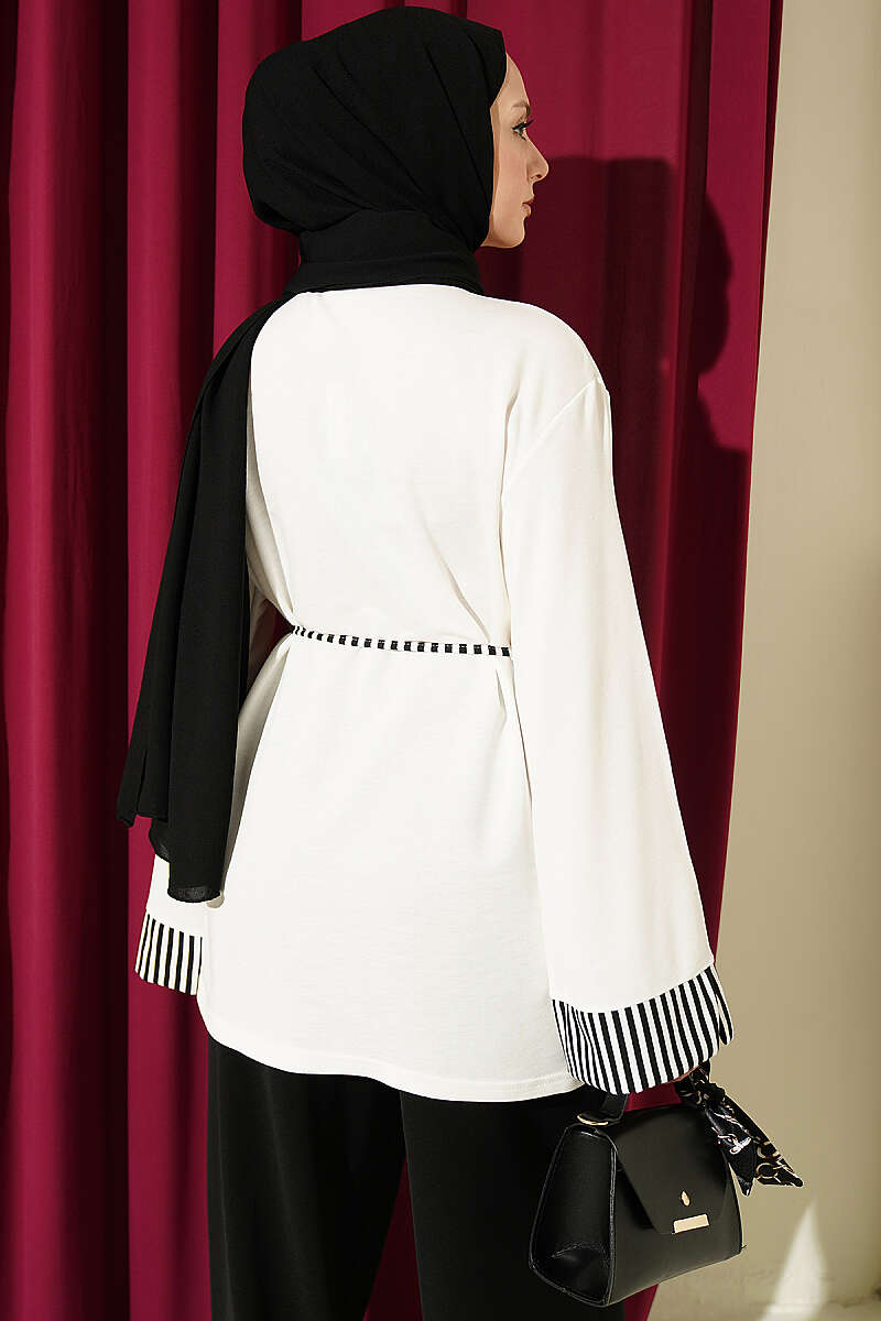 Striped French terry tunic with cuffed sleeves and drawstring hem Ecru – Bild 3