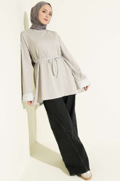 Alternative view of Striped French terry tunic with cuffed sleeves and drawstring hem Grey
