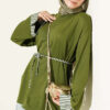 Striped French terry tunic with cuffed sleeves and drawstring hem Khaki