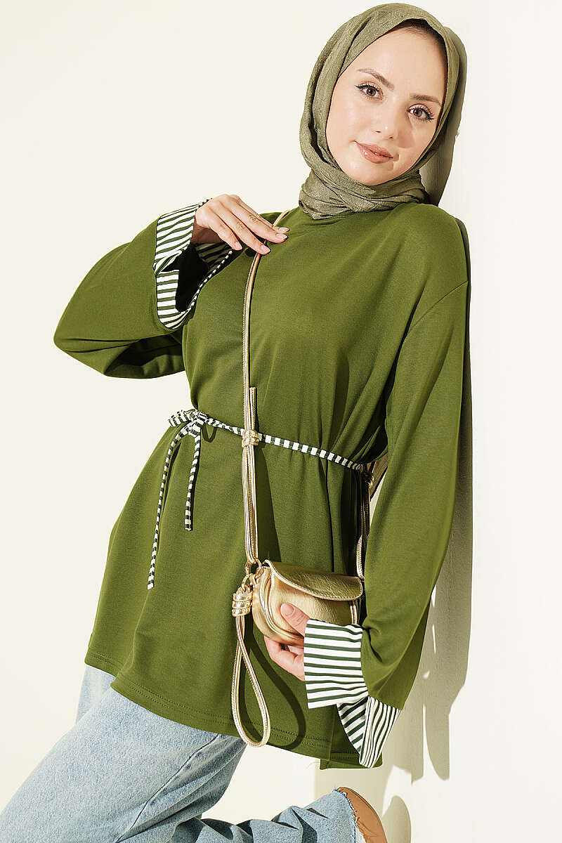 Striped French terry tunic with cuffed sleeves and drawstring hem Khaki