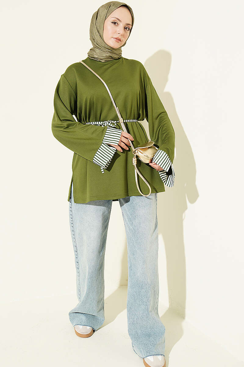 Striped French terry tunic with cuffed sleeves and drawstring hem Khaki - immagine 2
