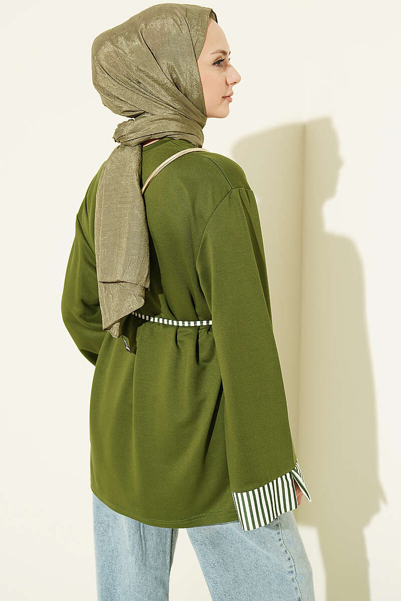 Striped French terry tunic with cuffed sleeves and drawstring hem Khaki - immagine 3