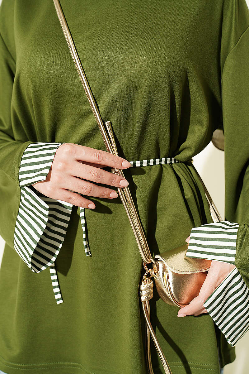 Striped French terry tunic with cuffed sleeves and drawstring hem Khaki - immagine 4