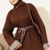 Striped French terry tunic with cuffed sleeves and drawstring hem Brown