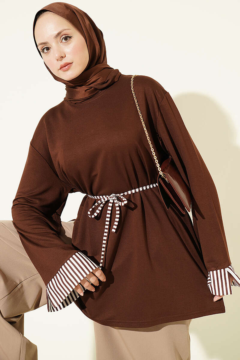 Striped French terry tunic with cuffed sleeves and drawstring hem Brown