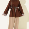Striped French terry tunic with cuffed sleeves and drawstring hem Brown - immagine 2