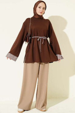 Alternative view of Striped French terry tunic with cuffed sleeves and drawstring hem Brown