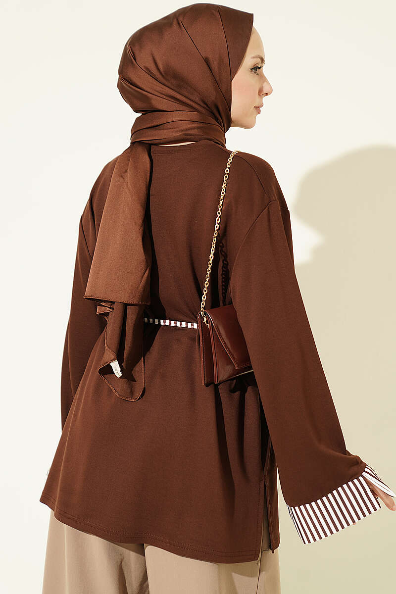 Striped French terry tunic with cuffed sleeves and drawstring hem Brown - immagine 3