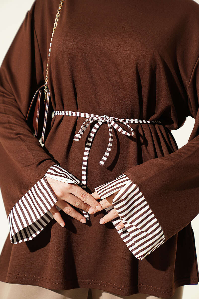 Striped French terry tunic with cuffed sleeves and drawstring hem Brown - immagine 4