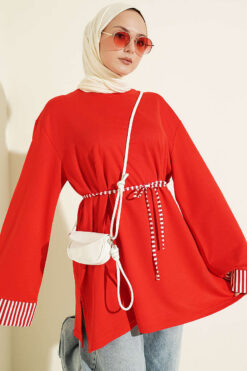Striped French terry tunic with cuffed sleeves and drawstring hem Red