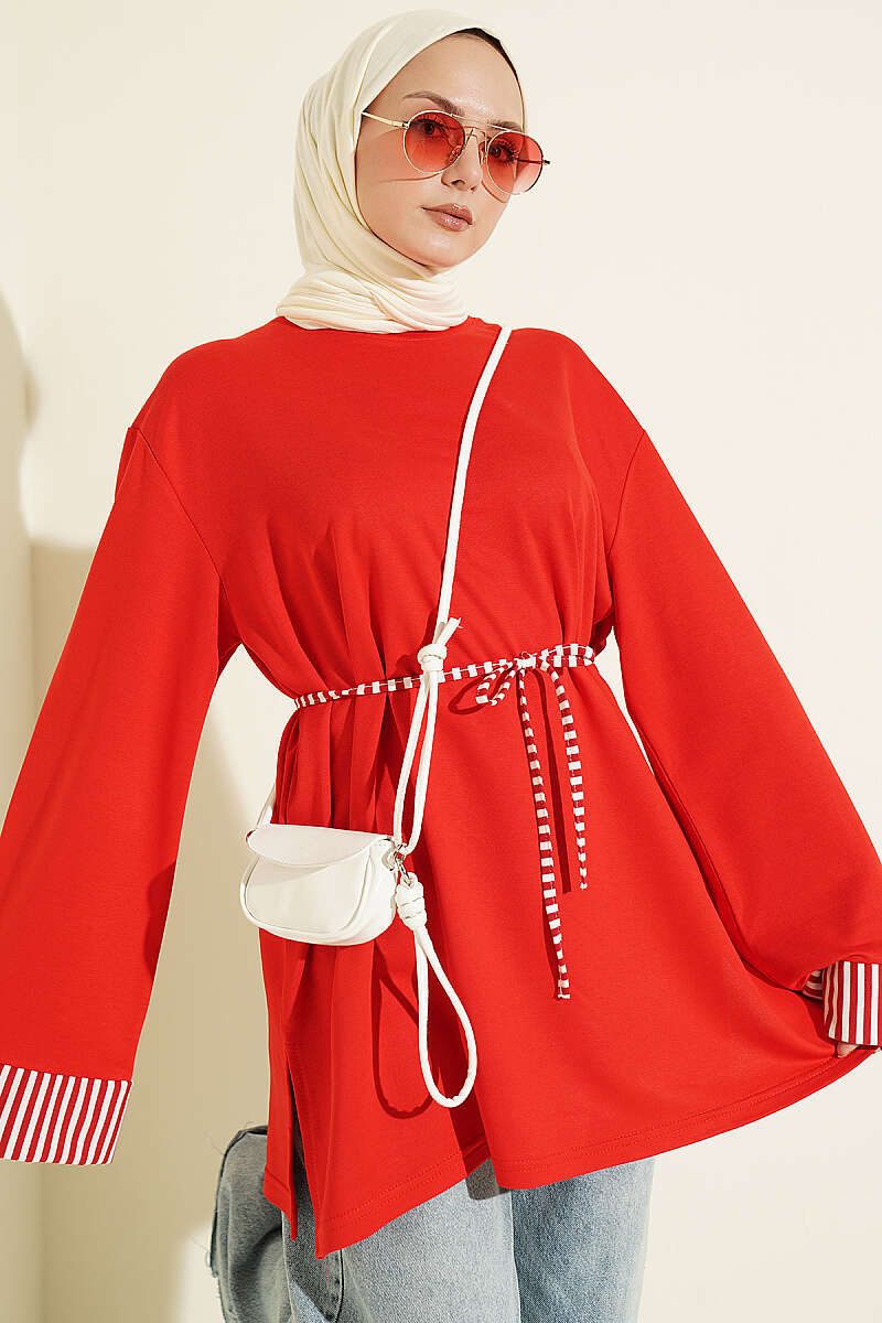 Striped French terry tunic with cuffed sleeves and drawstring hem Red