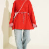 Striped French terry tunic with cuffed sleeves and drawstring hem Red - Image 2