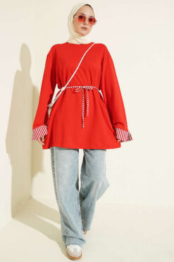 Alternative view of Striped French terry tunic with cuffed sleeves and drawstring hem Red
