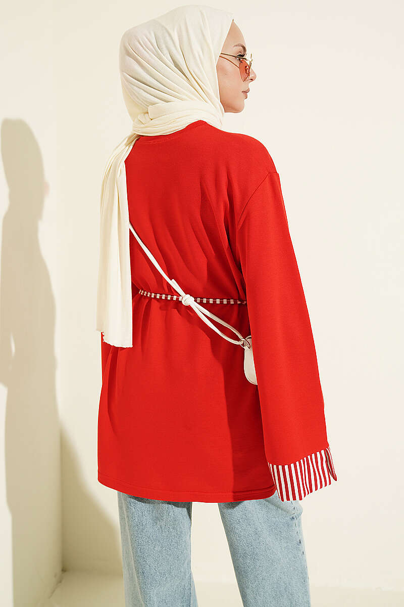 Striped French terry tunic with cuffed sleeves and drawstring hem Red - Image 3
