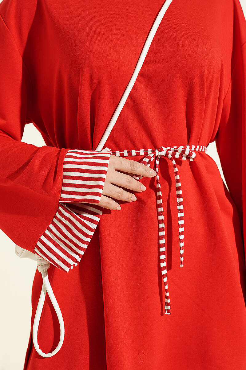 Striped French terry tunic with cuffed sleeves and drawstring hem Red - Image 4