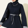 Striped French terry tunic with cuffed sleeves and drawstring hem Navy Blue