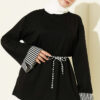 Striped French terry tunic with cuffed sleeves and drawstring hem Black