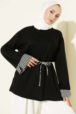 Striped French terry tunic with cuffed sleeves and drawstring hem Black