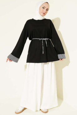 Alternative view of Striped French terry tunic with cuffed sleeves and drawstring hem Black