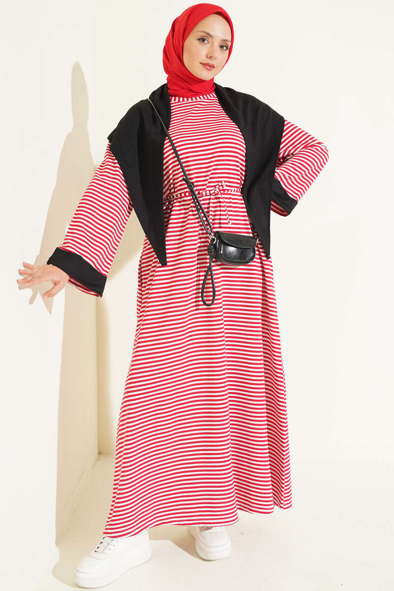 Striped Shoulder Shawl Detail Dress Red