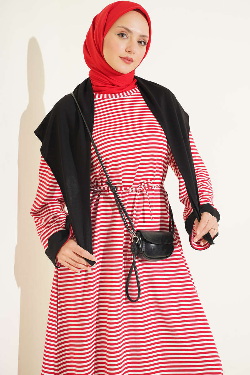 Striped Shoulder Shawl Detail Dress Red – Image 2