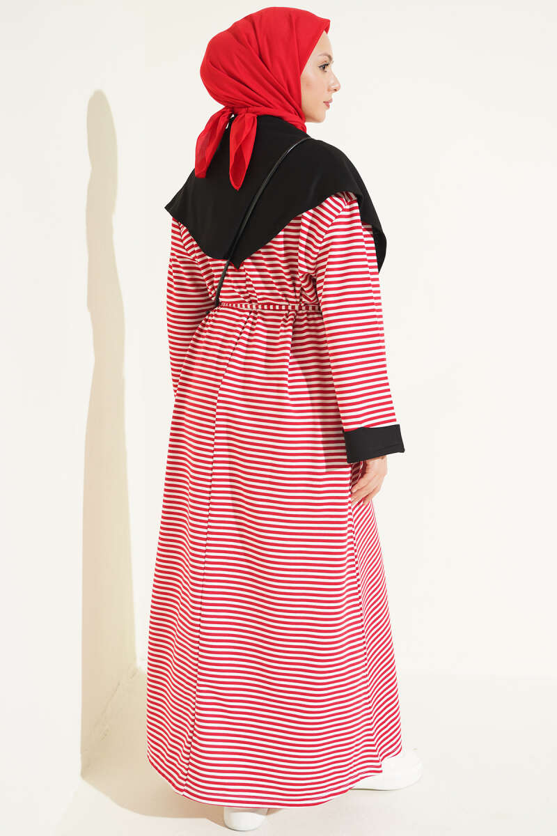 Striped Shoulder Shawl Detail Dress Red – Image 3