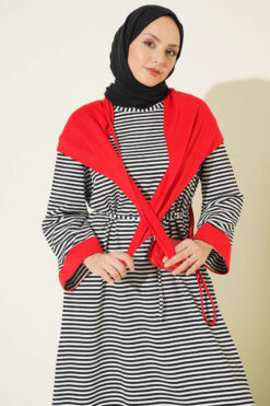 Alternative view of Striped Shoulder Shawl Detail Dress Black