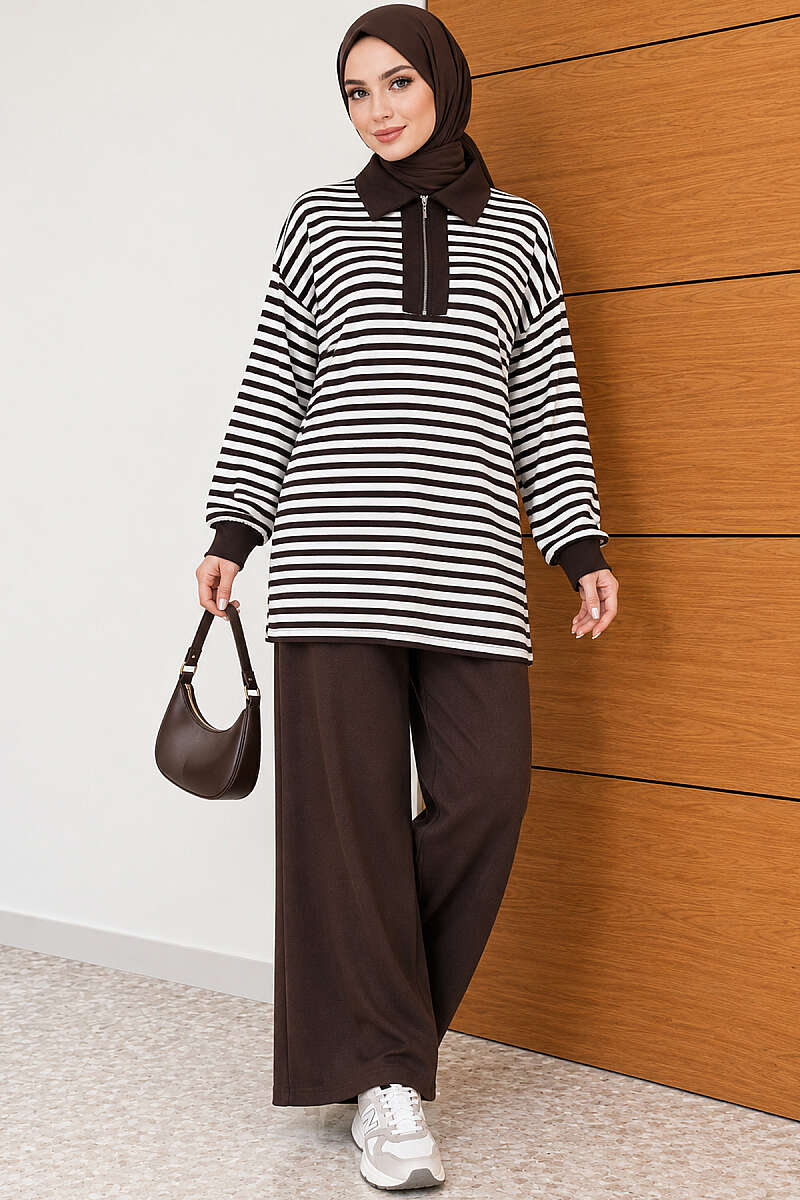 Striped Half-Zip French Terry Two-Piece Set Brown