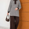 Striped Half-Zip French Terry Two-Piece Set Brown – Image 2