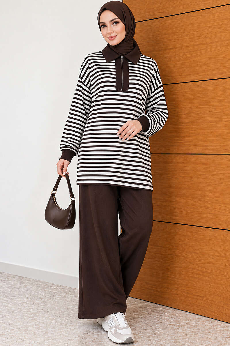 Striped Half-Zip French Terry Two-Piece Set Brown – Image 2