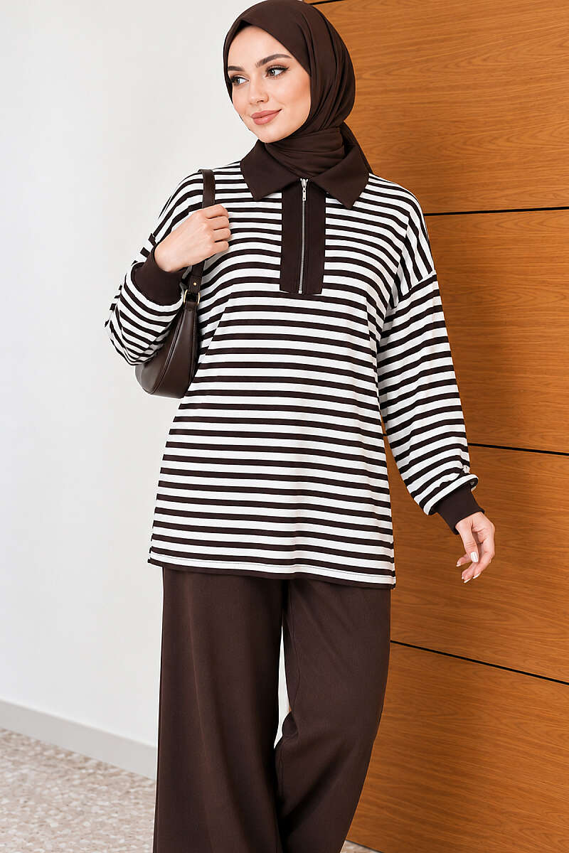 Striped Half-Zip French Terry Two-Piece Set Brown – Image 3