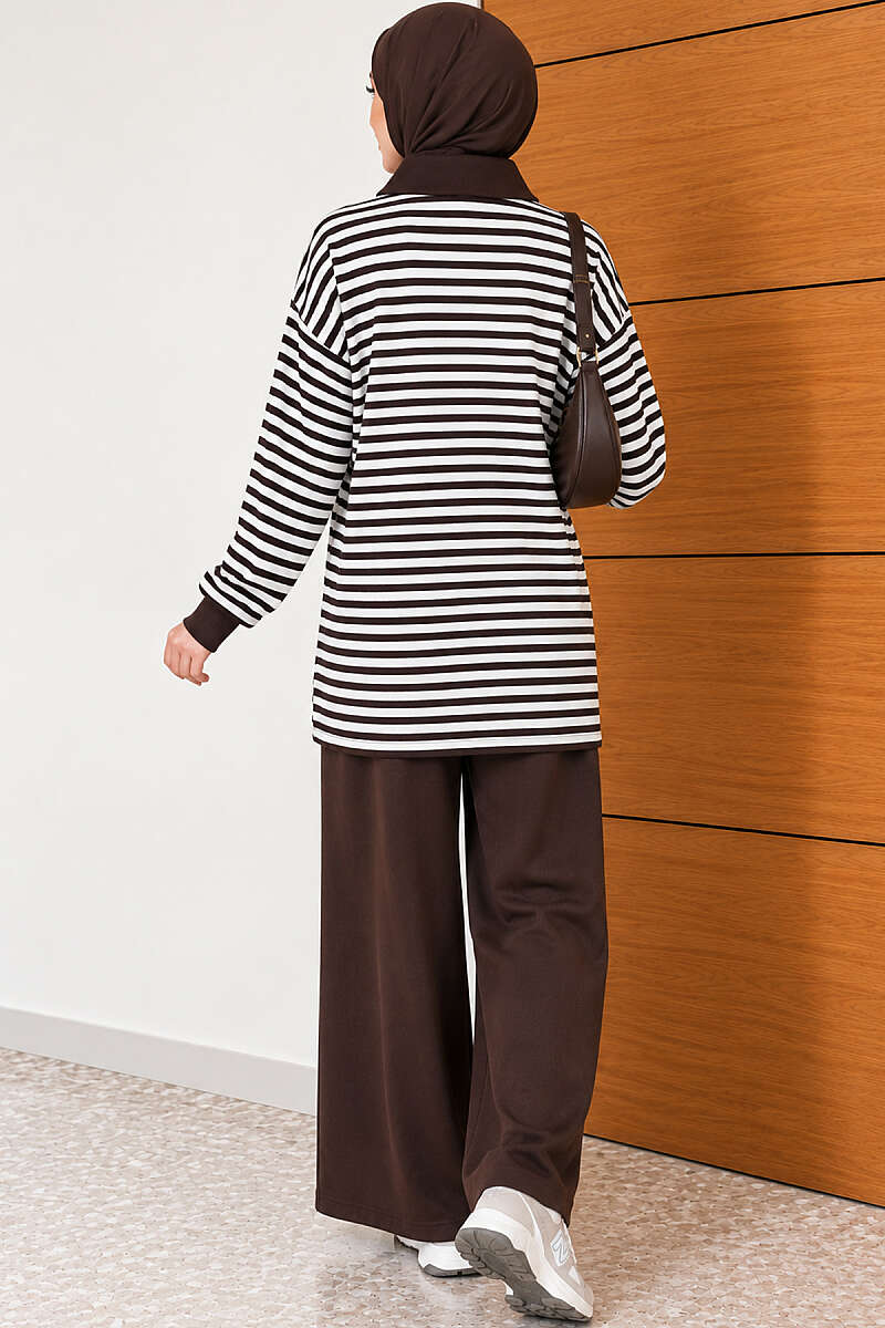 Striped Half-Zip French Terry Two-Piece Set Brown – Image 4