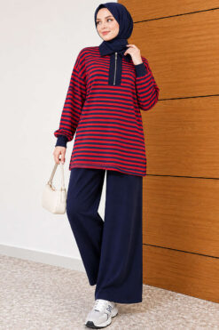 Alternative view of Striped Half-Zip French Terry Two-Piece Set Red