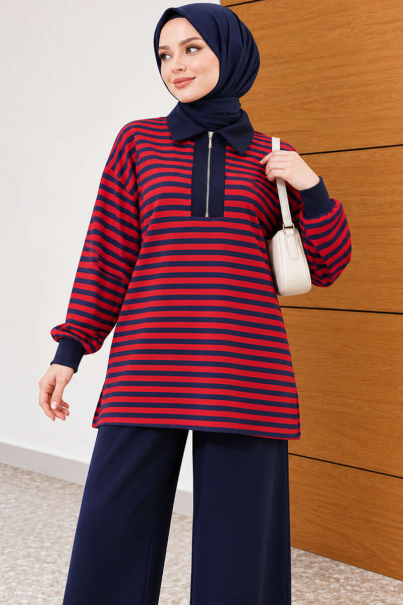 Striped Half-Zip French Terry Two-Piece Set Red