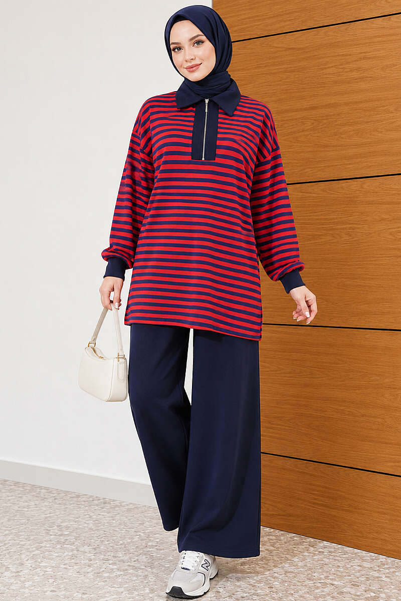 Striped Half-Zip French Terry Two-Piece Set Red – Image 3