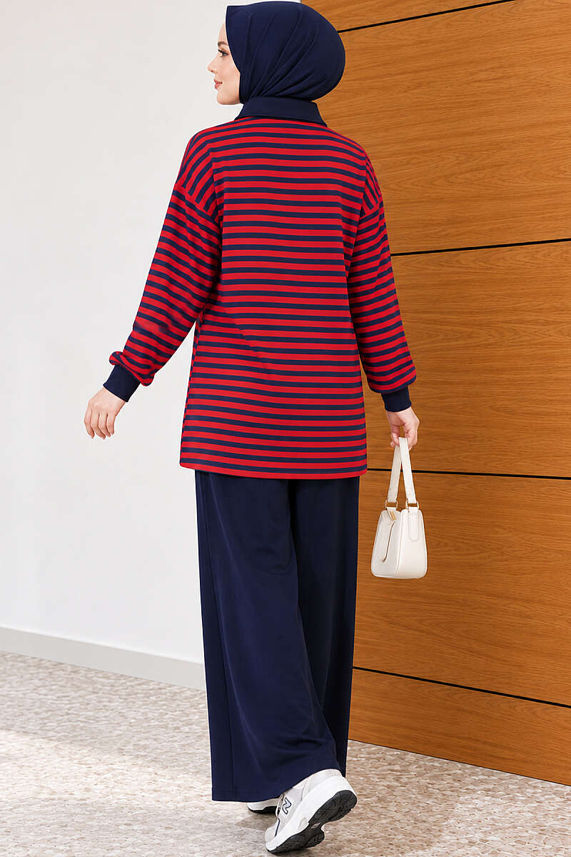 Striped Half-Zip French Terry Two-Piece Set Red – Image 4