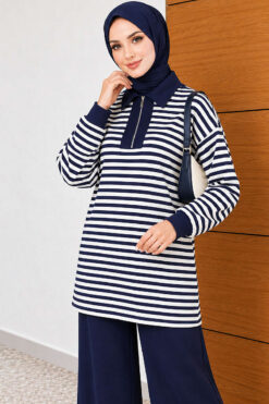 Alternative view of Striped Half-Zip French Terry Two-Piece Set Navy Blue