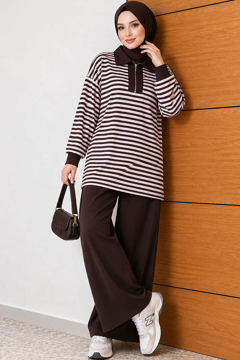 Striped Half-Zip French Terry Two-Piece Set Pink