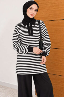 Alternative view of Striped Half-Zip French Terry Two-Piece Set Black