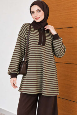 Alternative view of Striped Half-Zip French Terry Two-Piece Set Green