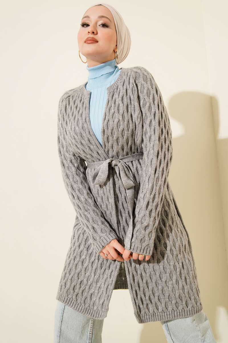 Textured Knit Cardigan with Drop Stitch Detail Grey