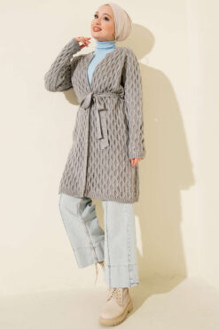 Alternative view of Textured Knit Cardigan with Drop Stitch Detail Grey