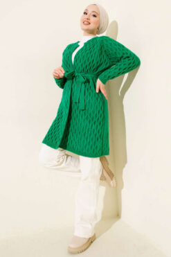 Alternative view of Textured Knit Cardigan with Drop Stitch Detail Green