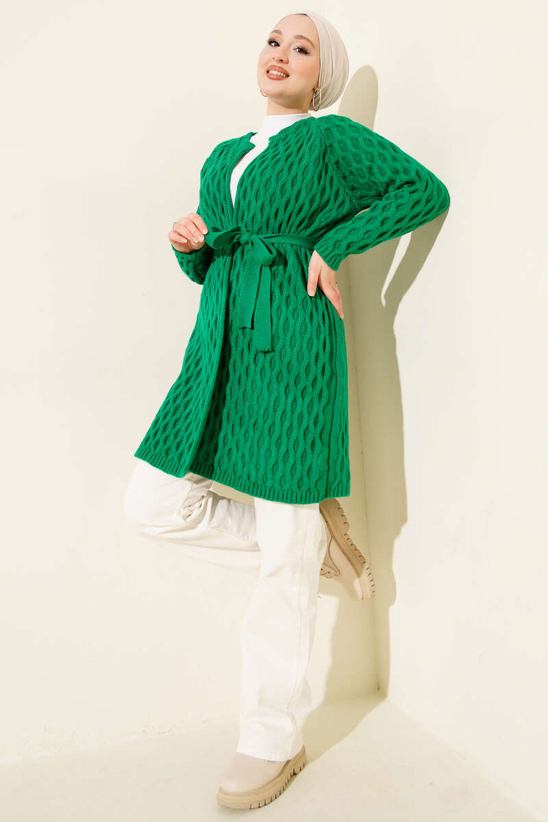 Textured Knit Cardigan with Drop Stitch Detail Green - الصورة 2
