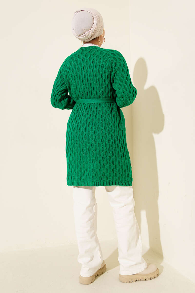 Textured Knit Cardigan with Drop Stitch Detail Green - الصورة 3