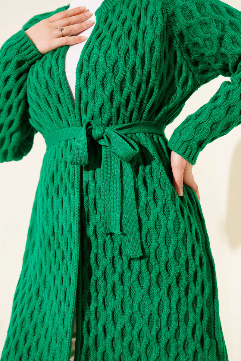 Textured Knit Cardigan with Drop Stitch Detail Green - الصورة 4