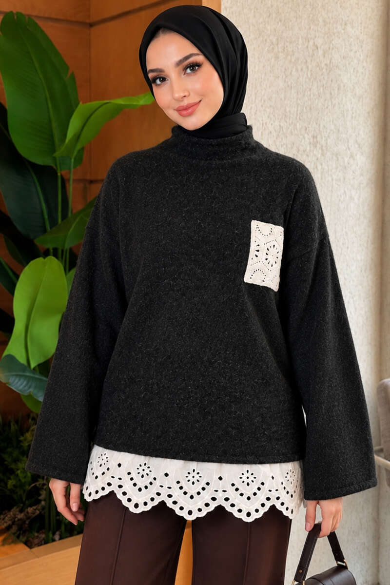 Lace Pocket Detail Knit Tunic Anthracite - immagine 3